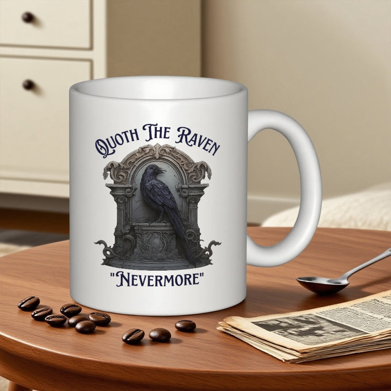 Tailorly White Ceramic 11 oz Mug - Quoth The Raven Nevermore Majestic Black Bird Perched On Ornate Stone Gothic Pedestal Raven