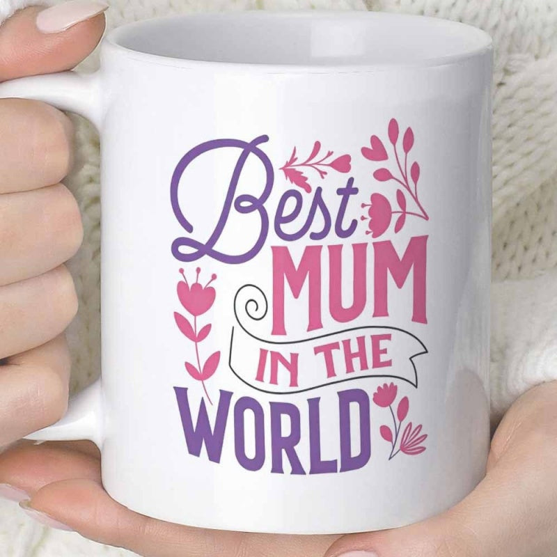Tailorly White Ceramic 11 oz Mug - Best Mum In The World Elegant Floral Pattern With Pink Blossoms On A