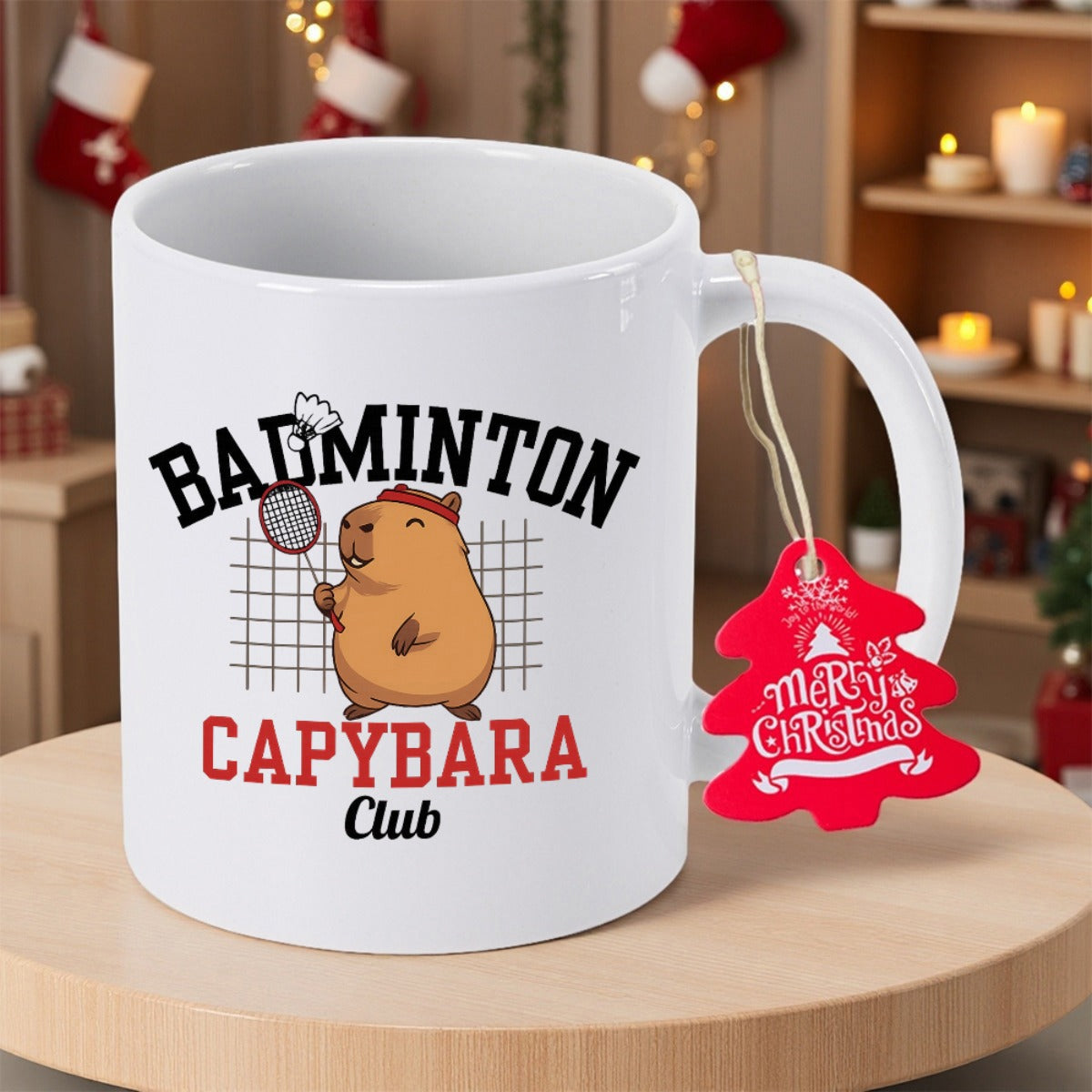 Tailorly White Ceramic 11 oz Mug - Badminton Capybara Club Adorable Cartoon Animal Athlete With Racket Standing Near Net Capybara