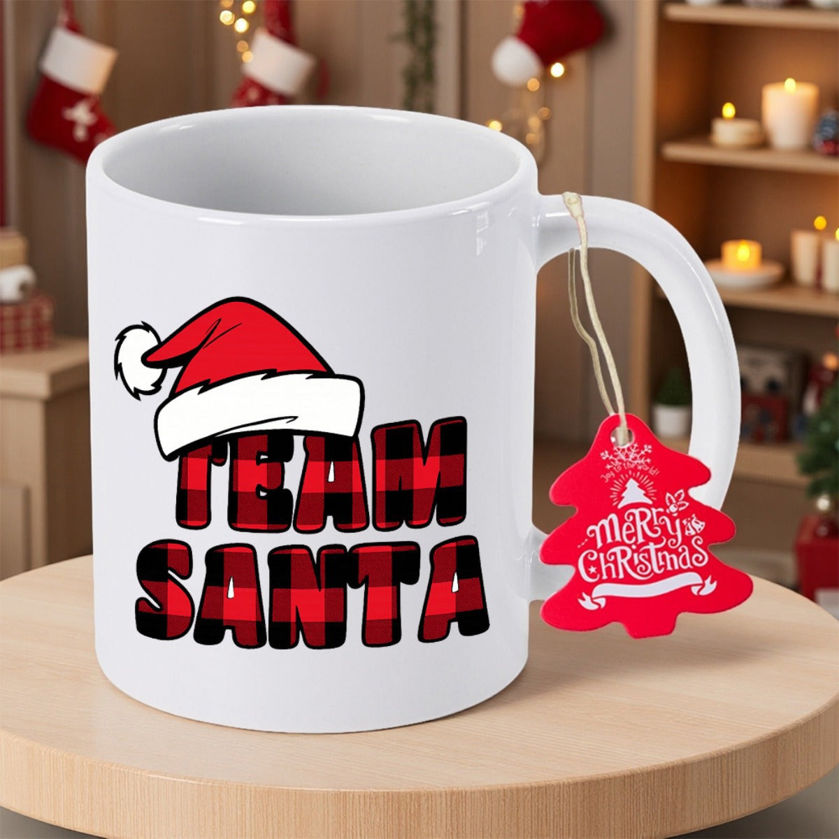 Tailorly White Ceramic 11 oz Mug - Team Santa Red White Santa Hat With Buffalo Plaid Patterned Holiday Text Mug