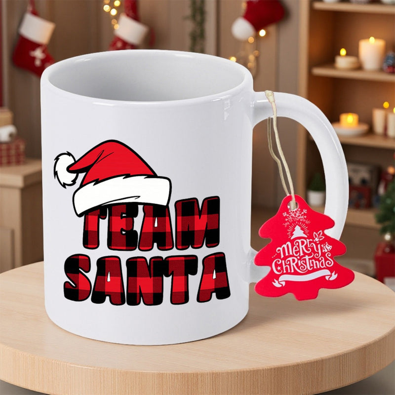 Tailorly White Ceramic 11 oz Mug - Team Santa Red White Santa Hat With Buffalo Plaid Patterned Holiday Text Mug