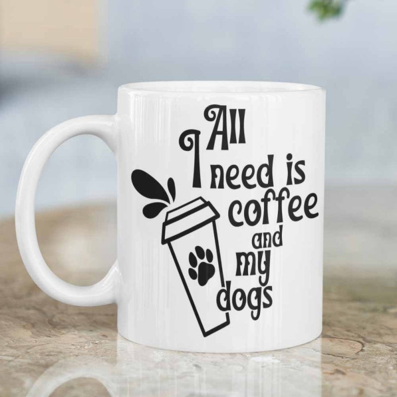 Tailorly White Ceramic 11 oz Mug - All I Need Is Coffee And My Dogs Simple Black Artistic Line Illustration Featuring A Coffee Cup With Paw Mug