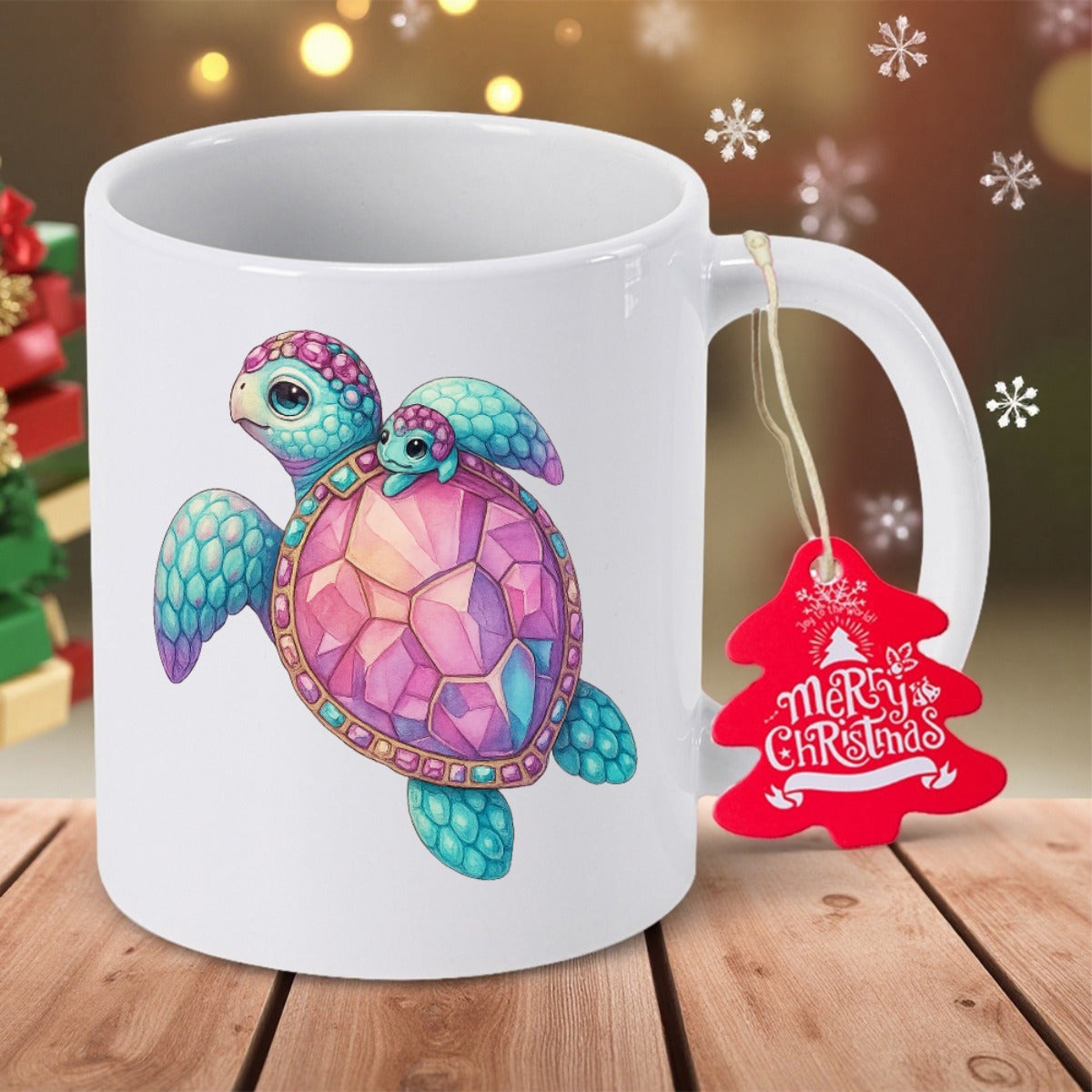 Tailorly White Ceramic 11 oz Mug - Merry Christmas Vibrant Artistic Colorful Geometric Crystal Shell Pattern Mother And Baby Turtle