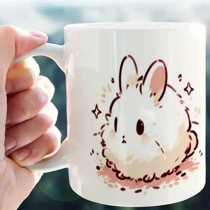 Tailorly White Ceramic 11 oz Mug - Adorable Fluffy White Cartoon Animal Surrounded By Tiny Sparkles And Earthy Textures Rabbit