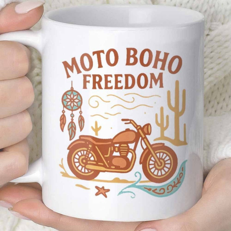Tailorly White Ceramic 11 oz Mug - Moto Boho Freedom Vintage Style With Dreamcatcher And Cactus In Desert Wind Motorcycle