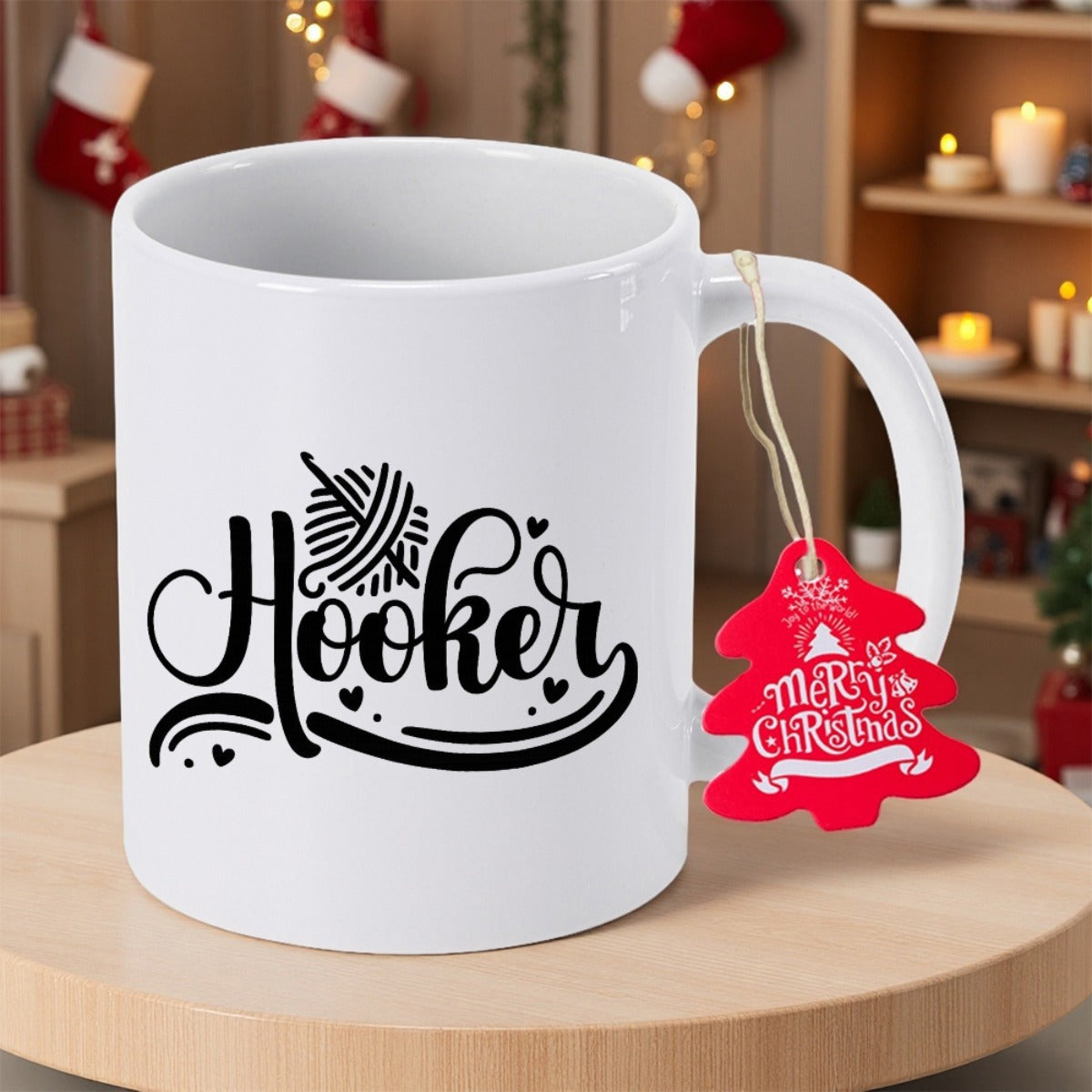 Tailorly White Ceramic 11 oz Mug - Hooker Hand Drawn Minimalist Yarn Ball With Crochet Hook And Swirls Mug