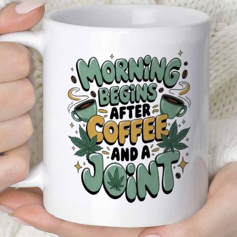 Tailorly White Ceramic 11 oz Mug - Morning Begins After Coffee And A Joint Retro Style Green Cannabis Leaves And Steaming Coffee Cups Among Sparkles Joint