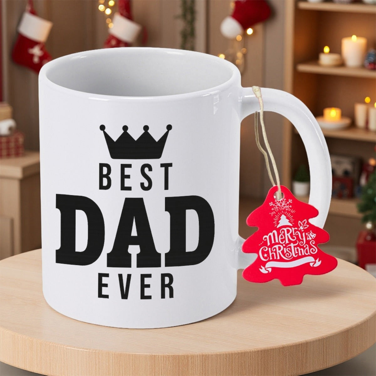 Tailorly White Ceramic 11 oz Mug - Best Dad Ever Simple Black Crown Silhouette Printed On A Smooth