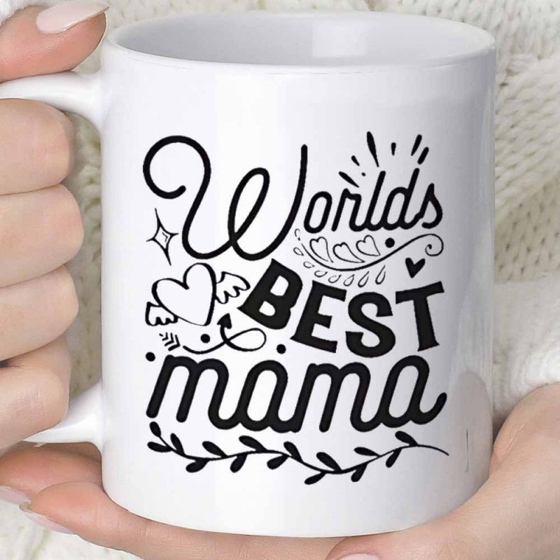 Tailorly White Ceramic 11 oz Mug - Worlds Best Mama Ornate Decorative Hearts And Elegant Swirls Among Flourishing Leafy Vines Sign