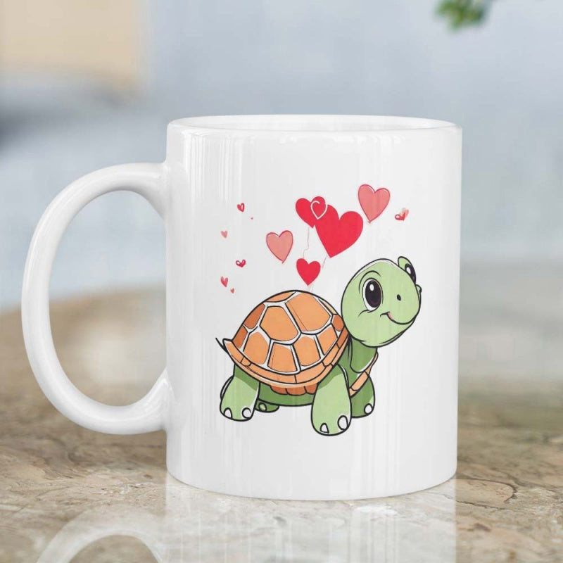 Tailorly White Ceramic 11 oz Mug - Charming Green Cartoon Creature With Vibrant Orange Shell And Floating Hearts Turtle