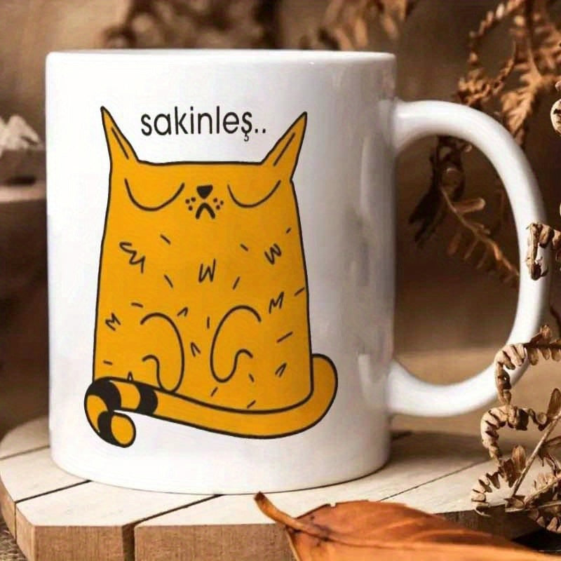 Tailorly White Ceramic 11 oz Mug - Hand Drawn Chubby Yellow Animal Resting With Minimalist Striped Tail Cat