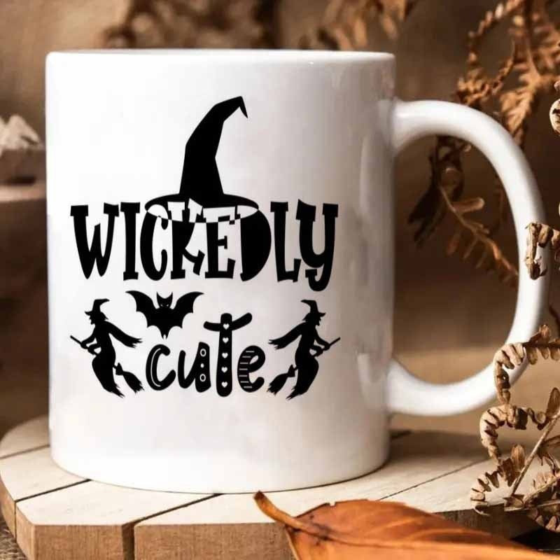 Tailorly White Ceramic 11 oz Mug - Wickedly Cute Festive Halloween Design With Flying Witches And Bat Silhouette Under Hat Witch