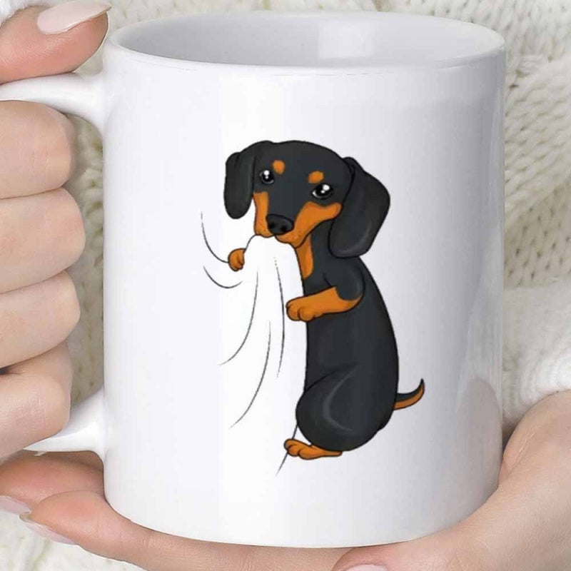 Tailorly White Ceramic 11 oz Mug - Cute Black And Tan Cartoon Dog Holding A White Blanket Dachshund