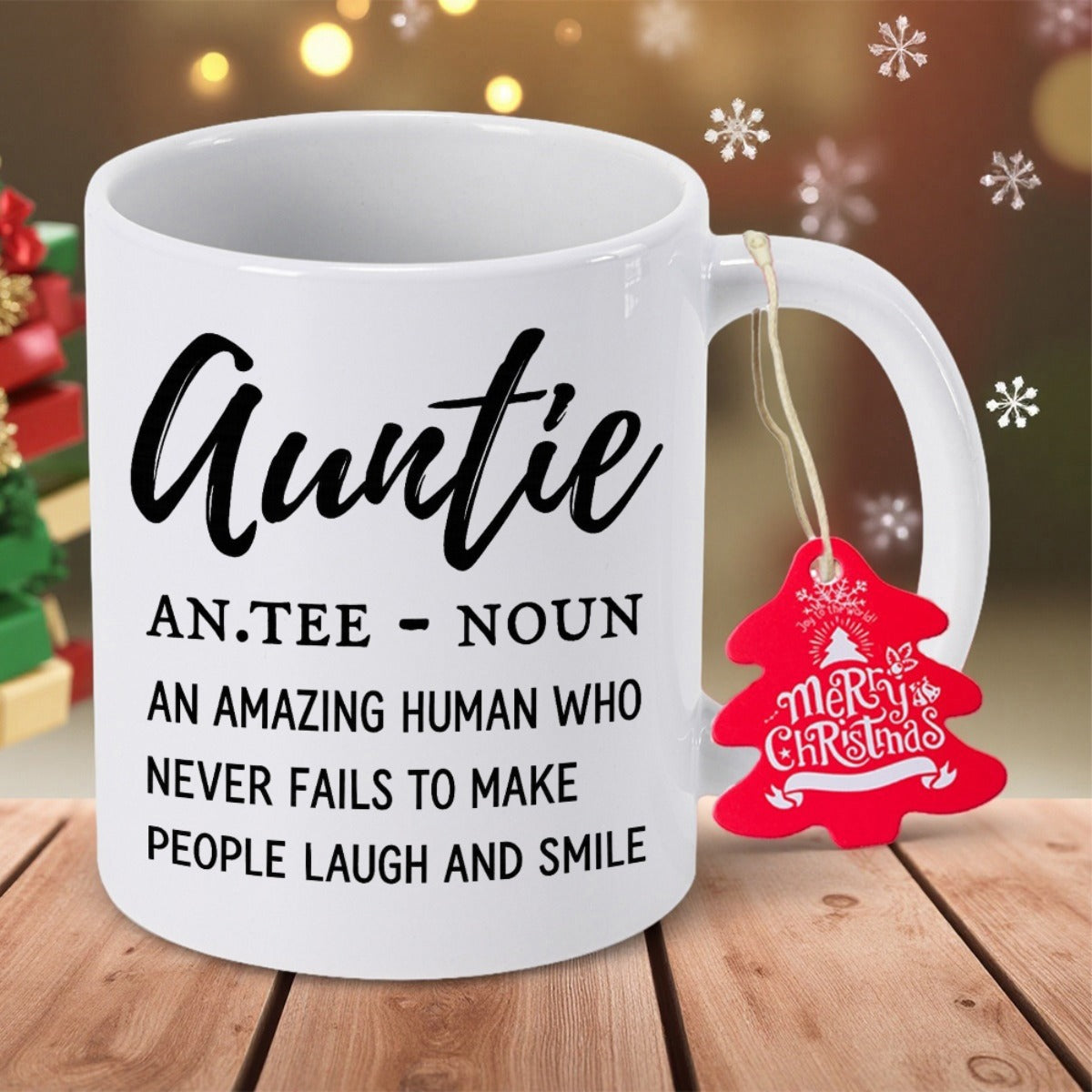 Tailorly White Ceramic 11 oz Mug - Auntie An Tee Noun An Amazing Human Who Never Fails To Make People Laugh And Smile Merry Christmas With Elegant Black Script