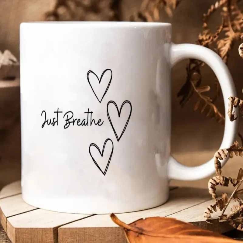 Tailorly White Ceramic 11 oz Mug - Just Breathe Three Minimalist Hand Drawn Outlines Of Hearts Floating In A Vertical Arrangement Heart
