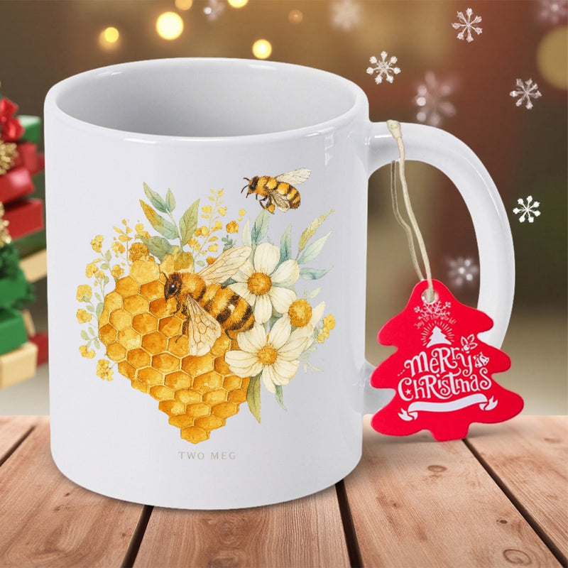Tailorly White Ceramic 11 oz Mug - Watercolor Honeycomb With Busy Bees Gathering Pollen From White Flowers Bee