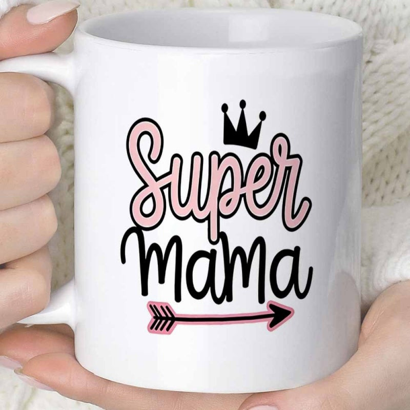 Tailorly White Ceramic 11 oz Mug - Super Mama Elegant Black Crown Resting Above Stylish Cursive Script With Pink Arrow Crown