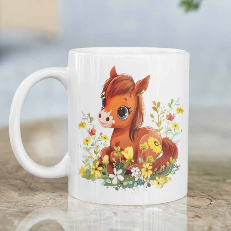 Tailorly White Ceramic 11 oz Mug - Adorable Brown Foal Sitting Peacefully Surrounded By Blooming Colorful Meadow Wildflowers Horse