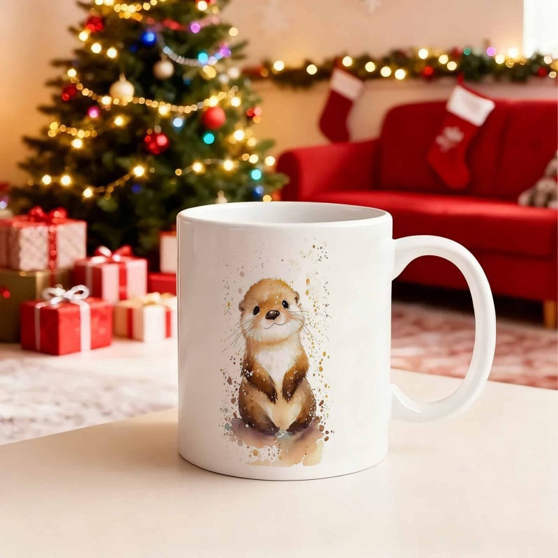 Tailorly White Ceramic 11 oz Mug - Cute Small Watercolor Animal Sitting Peacefully In Soft Artistic Style Otter