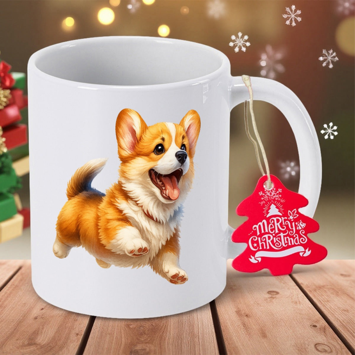 Tailorly White Ceramic 11 oz Mug - Merry Christmas Adorable Jumping Puppy With Fluffy Fur And Happy Expression Playful Corgi
