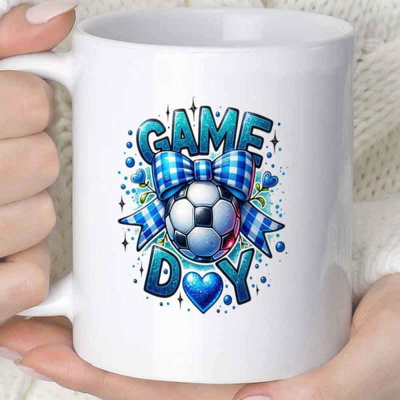 Tailorly White Ceramic 11 oz Mug - Game Day Vibrant Blue Plaid Ribbon Tied Around A Classic Sports Soccer Ball
