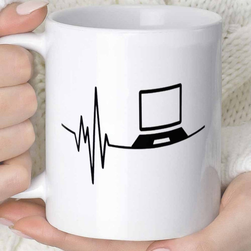 Tailorly White Ceramic 11 oz Mug - Minimalist Black Line Art Showing A Rhythmic Heartbeat Connecting To A Modern Laptop