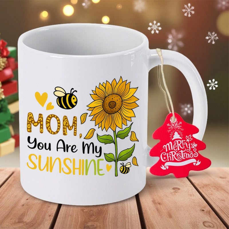 Tailorly White Ceramic 11 oz Mug - Mom You Are My Sunshine Vibrant Yellow Petals Blooming With Tiny Buzzing Bees And Delicate Hearts Sunflower