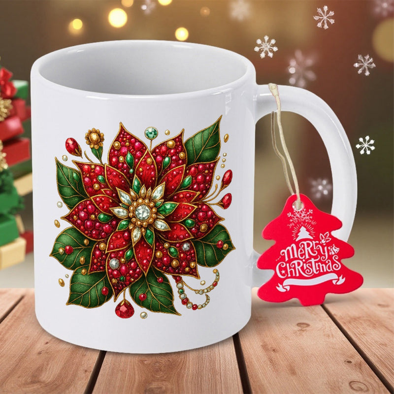 Tailorly White Ceramic 11 oz Mug - Merry Christmas Elegant Red Poinsettia Decorated With Green Leaves And Festive Jewels Flower