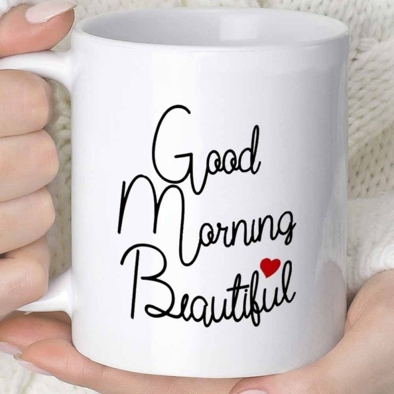 Tailorly White Ceramic 11 oz Mug - Good Morning Beautiful Minimalist Script Design Featuring A Tiny Red Heart Icon Mug