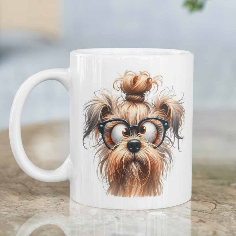 Tailorly White Ceramic 11 oz Mug - Adorable Furry Yorkshire Terrier Wearing Black Glasses With Stylish Top Knot Dog