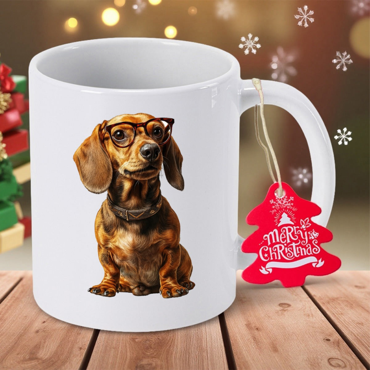 Tailorly White Ceramic 11 oz Mug - Merry Christmas Adorable Brown Puppy Wearing Classic Black Spectacles Sitting In Calm Pose Dachshund
