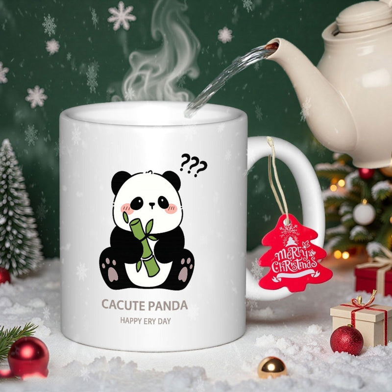Tailorly White Ceramic 11 oz Mug - Cacute Panda Happy Ery Day Adorable Cartoon Panda Sitting And Holding A Green Bamboo Branch Panda