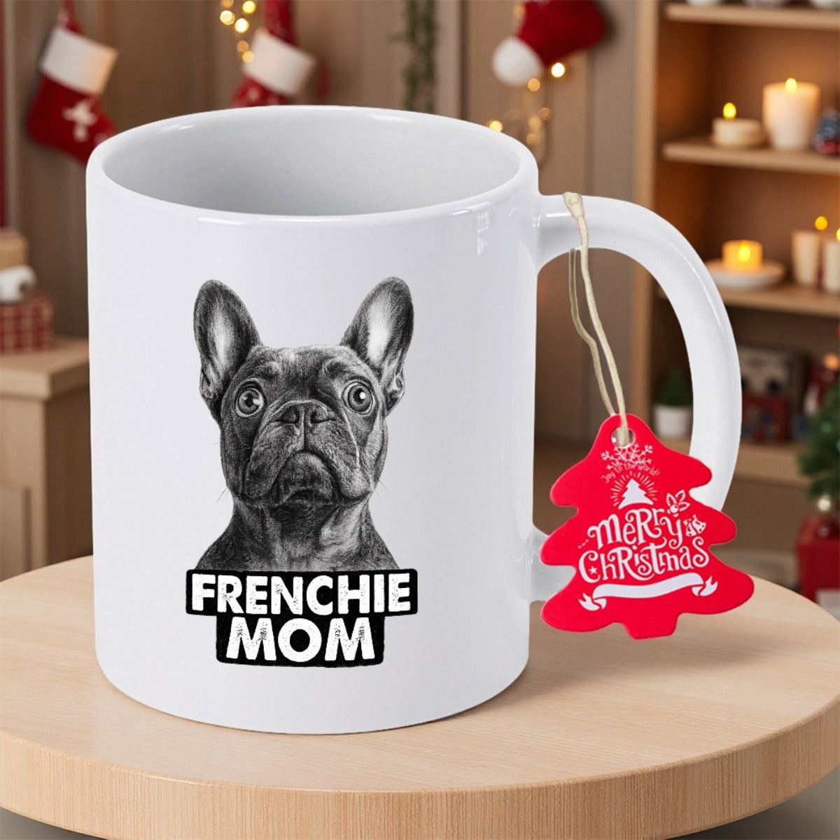 Tailorly White Ceramic 11 oz Mug - Frenchie Mom Monochrome Detailed Sketch Of A Curious Looking French Bulldog Frenchie