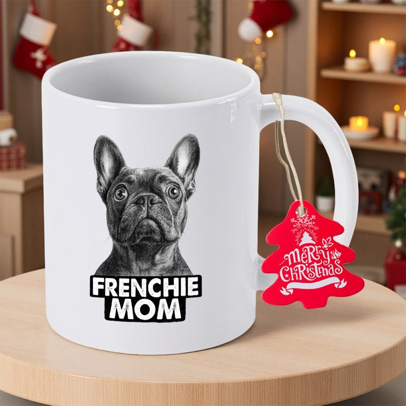 Tailorly White Ceramic 11 oz Mug - Frenchie Mom Monochrome Detailed Sketch Of A Curious Looking French Bulldog Frenchie