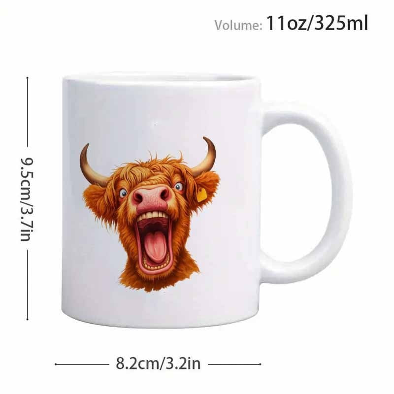 Tailorly White Ceramic 11 oz Mug - Funny Laughing Highland With Shaggy Brown Fur And Majestic Curved Horns Cow