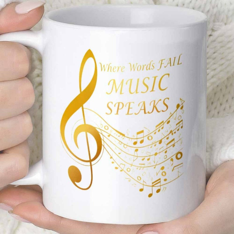 Tailorly White Ceramic 11 oz Mug - Where Words Fail Music Speaks Elegant Golden Musical Staff Flowing With Graceful Decorative Notes Clef