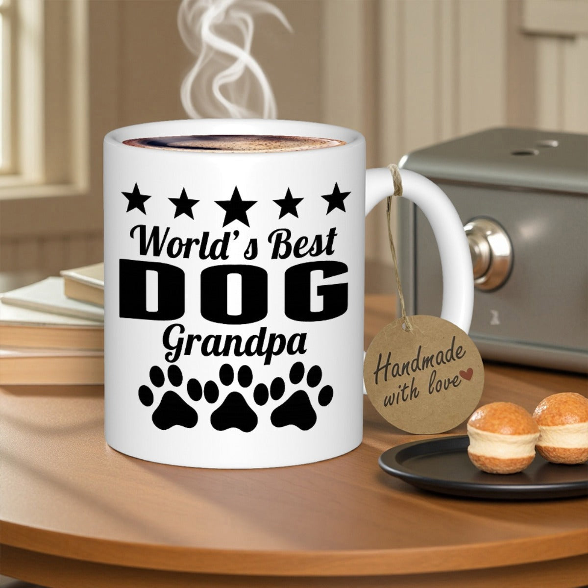 Tailorly White Ceramic 11 oz Mug - World's Best DOG Grandpa Classic White Surface Featuring Artistic Paw Prints Under Five Decorative Stars Mug