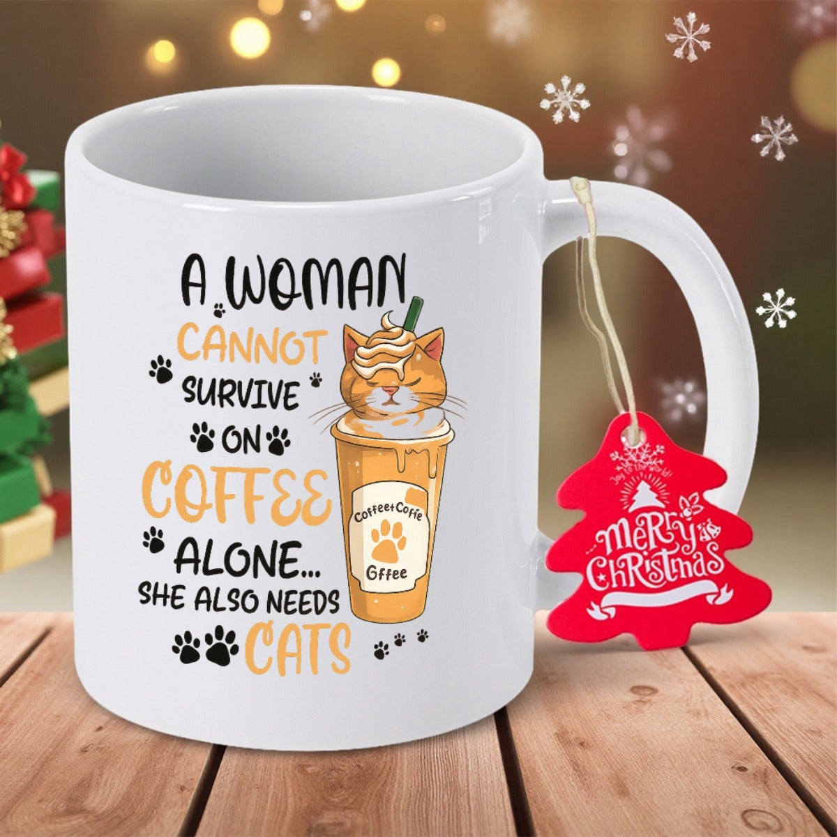 Tailorly White Ceramic 11 oz Mug - A Woman Cannot Survive On Coffee Alone She Also Needs Cats Cute Orange Tabby Peeking From Creamy Latte Cup Among Tiny Paw Prints