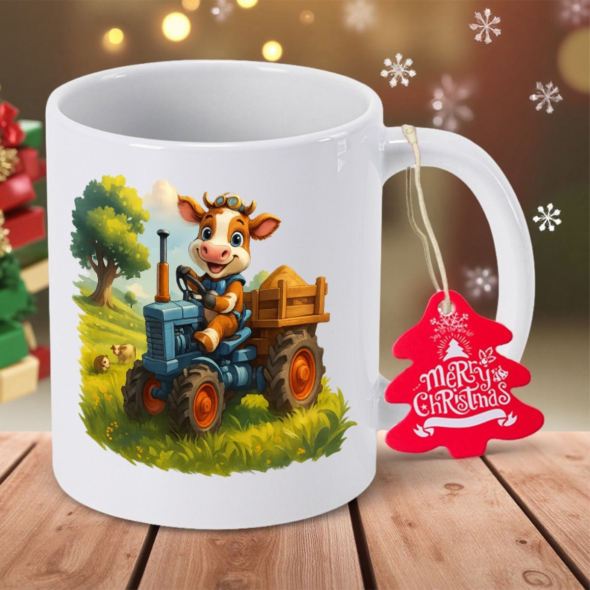 Tailorly White Ceramic 11 oz Mug - Merry Christmas Happy Animated Character Driving Blue Tractor Through Sunny Farm Field Cow