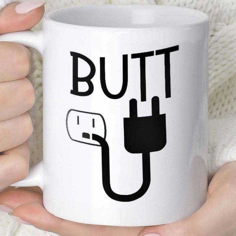 Tailorly White Ceramic 11 oz Mug - Butt Minimalist Black Power Cord Connecting Into A Simple Wall Outlet Plug