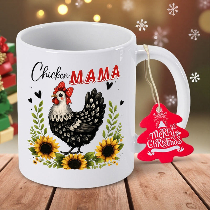 Tailorly White Ceramic 11 oz Mug - Chicken Mama Rustic Farmhouse Style With Blooming Sunflowers And Heart Accents Chicken