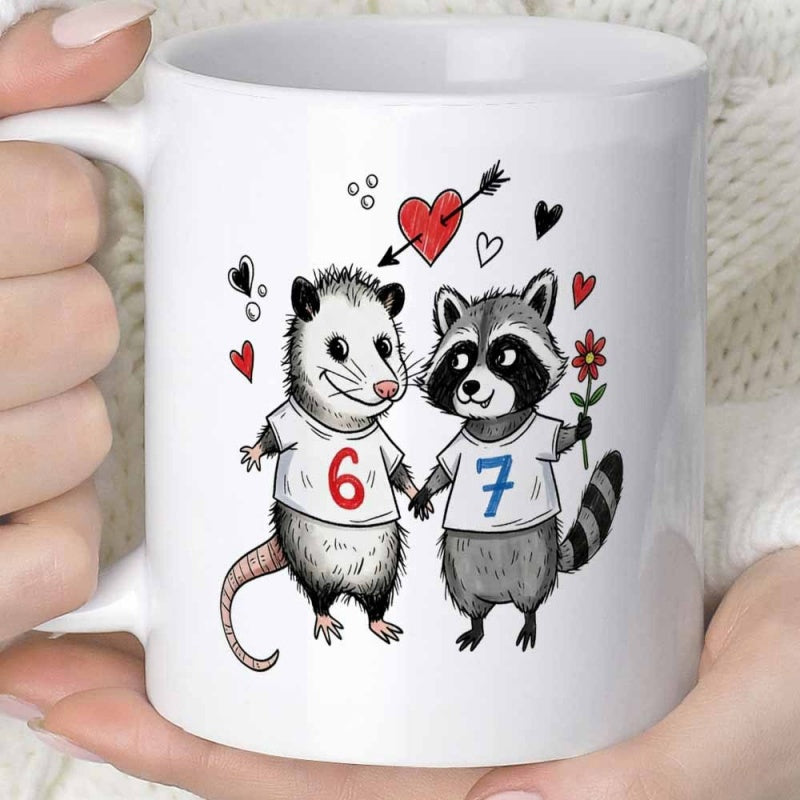 Tailorly White Ceramic 11 oz Mug - Cute Cartoon Opossum And Raccoon Holding Hands With Little Hearts Animals