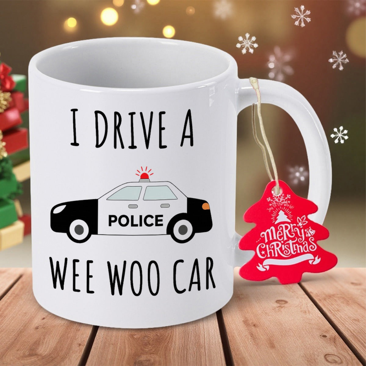 Tailorly White Ceramic 11 oz Mug - I Drive A Police Wee Woo Car Minimalist Illustration Of A Classic Black And White Law Enforcement Patrol Car
