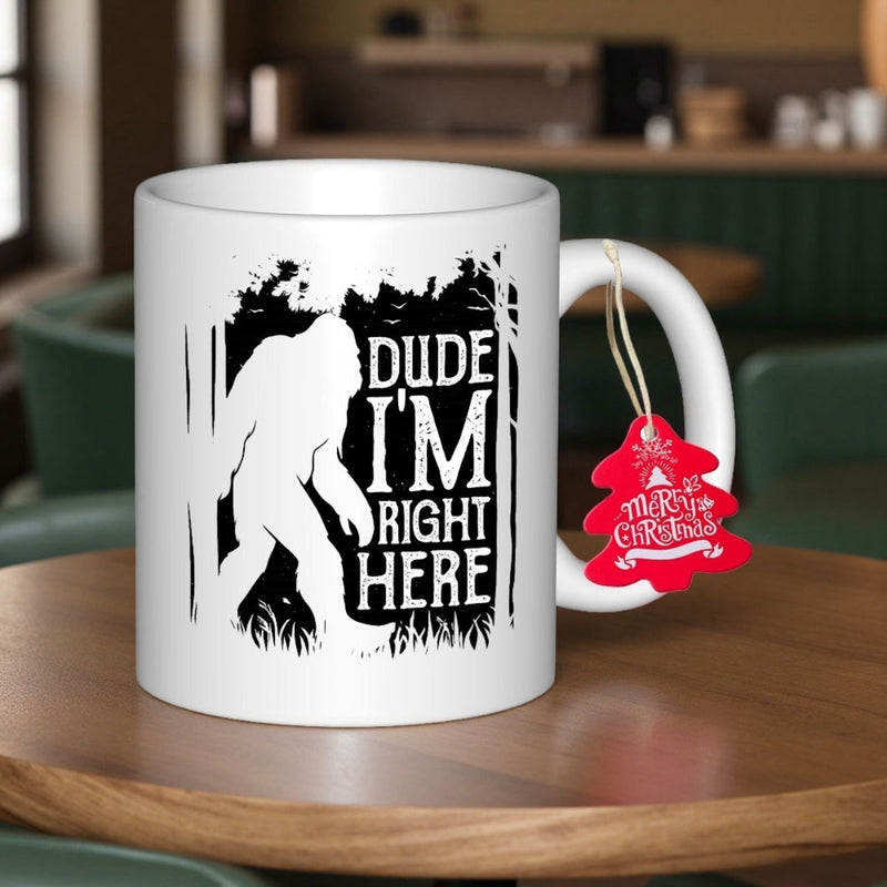 Tailorly White Ceramic 11 oz Mug - Dude Im Right Here Mysterious Silhouette Walking Through Forest Among Tall Grass Bigfoot