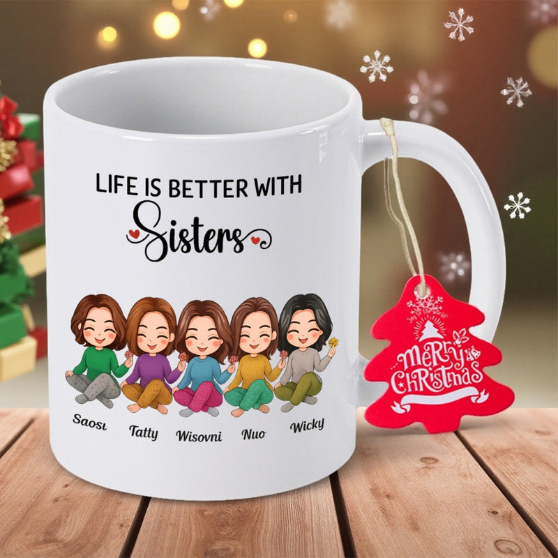 Tailorly White Ceramic 11 oz Mug - Life Is Better With Sisters Five Smiling Best Friends Sitting In A Row Wearing Sweaters Mug