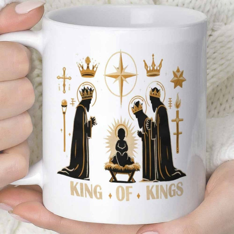 Tailorly White Ceramic 11 oz Mug - King Of Kings Golden Star Shining Over Holy Family And Wise Men Nativity