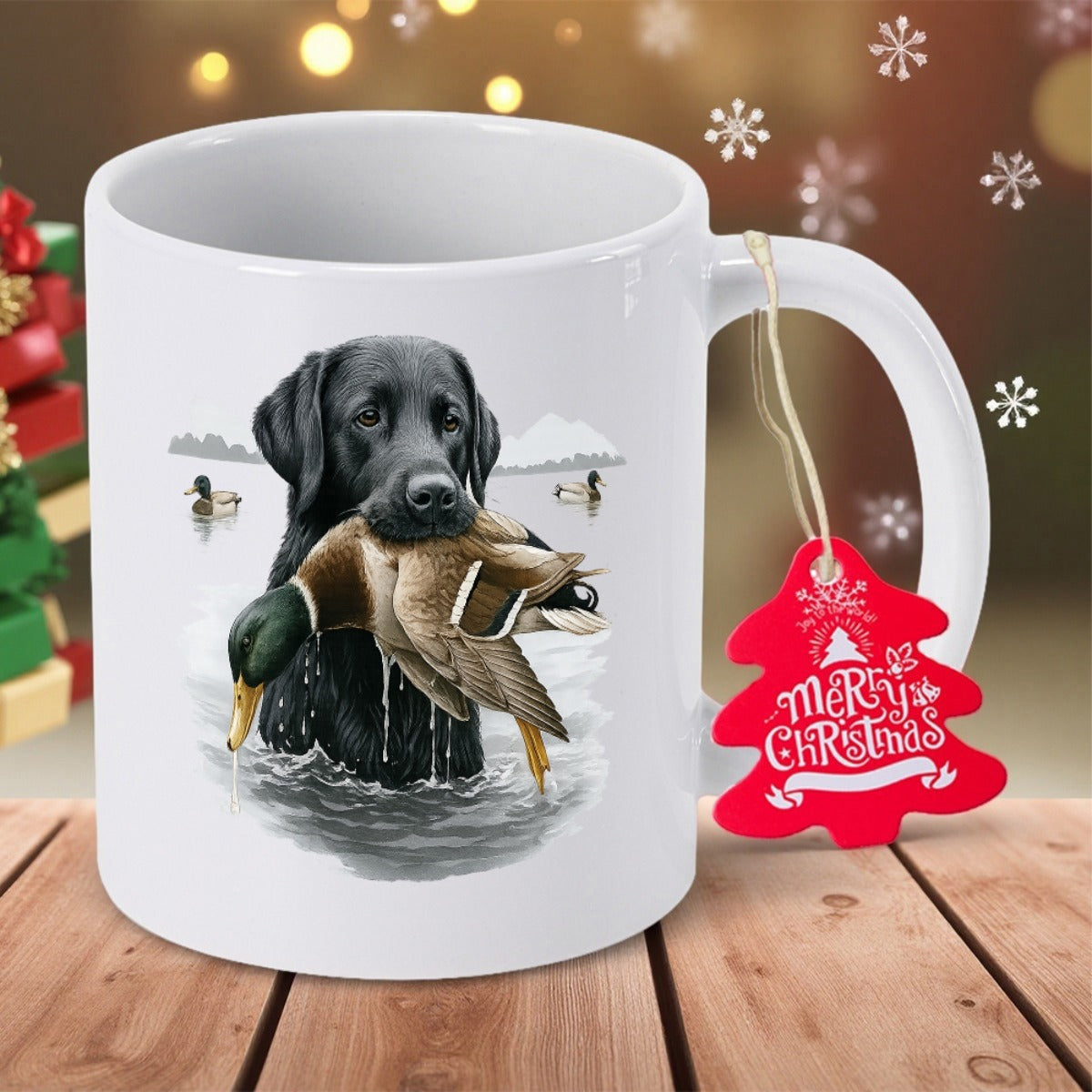Tailorly White Ceramic 11 oz Mug - Merry Christmas Realistic Hunting Dog Retrieving Wild Mallard Duck Among Rippling Lake Water Labrador