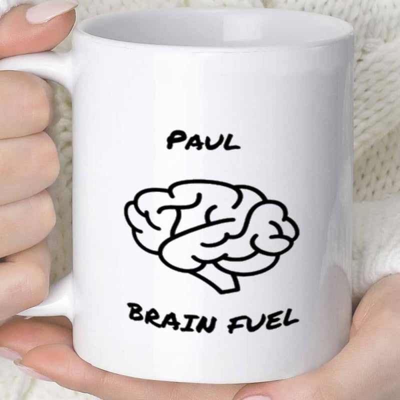 Tailorly White Ceramic 11 oz Mug - Paul Brain Fuel Minimalist Black Line Drawing Representing Human Mental Intelligence And Logic Brain