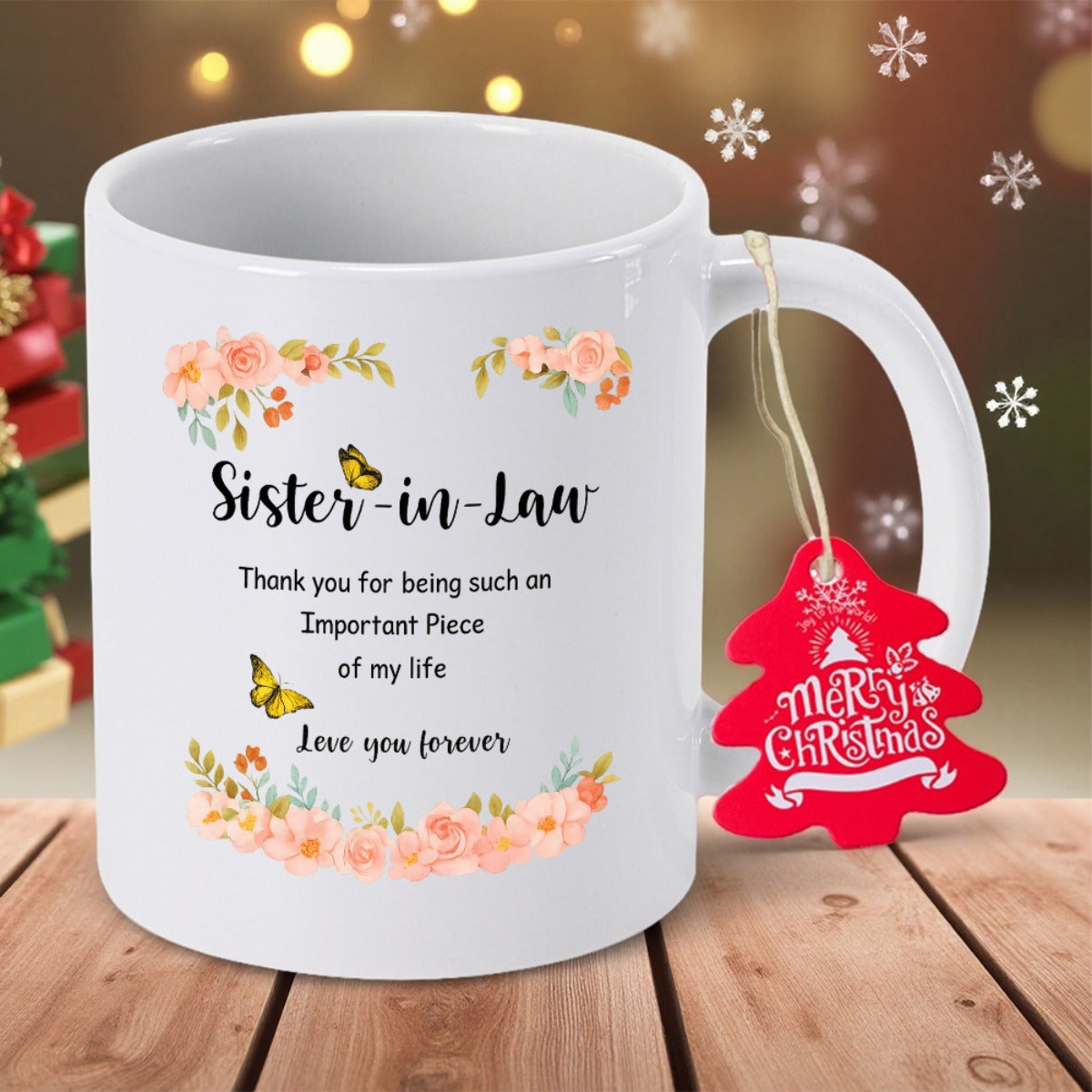 Tailorly White Ceramic 11 oz Mug - Sister In Law Thank You For Being Such An Important Piece Of My Life Love You Forever Floral Wreath With Yellow Butterflies And