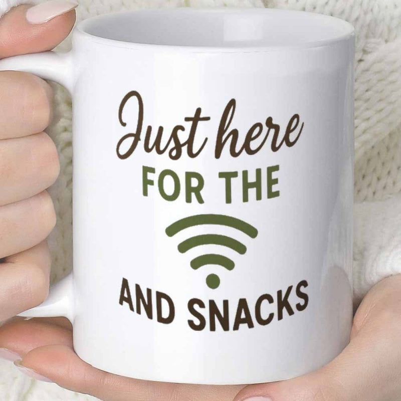 Tailorly White Ceramic 11 oz Mug - Just Here For The Wifi And Snacks Clean Polished White Ceramic Material Displaying Humorous Modern Slogan Typography Mug